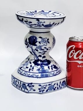 7" White Blue Onion Porcelain Chinoiserie Canton Taper Pilar Candle Baum Bros